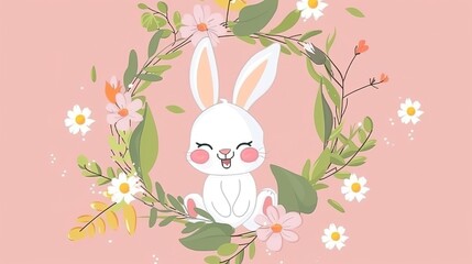 Charming Easter Bunnies in a Flower Wreath: Pink Background