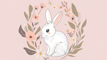Charming Easter Bunnies in a Flower Wreath: Pink Background