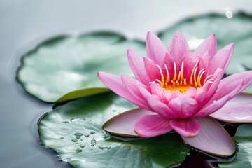 A close up of a vibrant pink lotus flower resting on a lily pad in a serene body of water