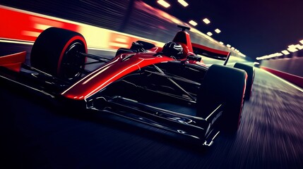Fototapeta premium High Speed Race Car Formula Speedway Night Race Motion Blur Red Black Cinematic