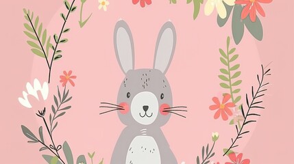 Charming Easter Bunnies in a Flower Wreath: Pink Background