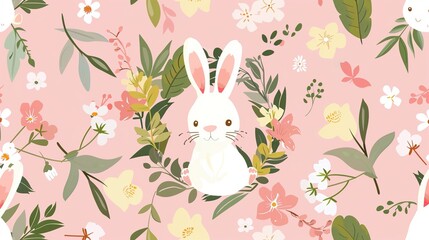 Charming Easter Bunnies in a Flower Wreath: Pink Background