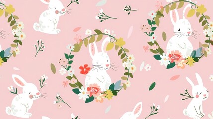 Charming Easter Bunnies in a Flower Wreath: Pink Background