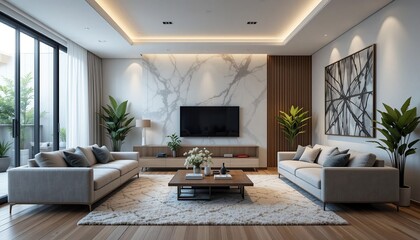 Fototapeta premium Elegant living room with marble accent wall, comfortable sofas, modern design, and natural light. A perfect blend of style and comfort.
