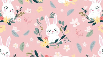 Charming Easter Bunnies in a Flower Wreath: Pink Background