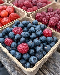 A vibrant display of fresh summer berries in a wooden basket