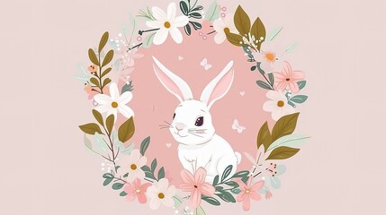 Charming Easter Bunnies in a Flower Wreath: Pink Background