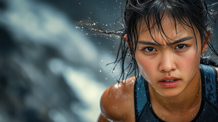 Obraz premium Mount Kinabalu Climbathon, close-up of a sweaty female runner's face with a look of focus and determination, Ai generated images