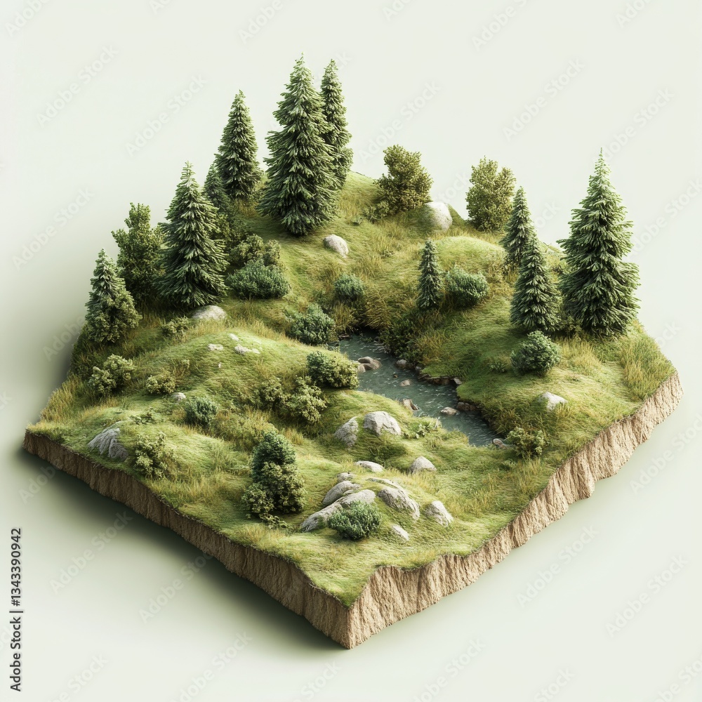 Poster Miniature Landscape: A Cross-Section View of a Lush Forest with a Stream Flowing Through, Presenting a Detailed Ecosystem.