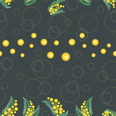 Mimosa spring. Vector floral background, canvas. Floral template with flowers on dark background.