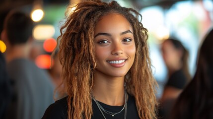 A woman with warm eyes and a wide smile is at the center of the frame, her brown and blonde curls cascading around her face in a crowd.
