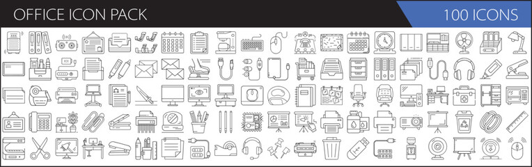Office Icon Pack with 100 Outline Icons - A collection of 100 outline office icons in a minimalist style. Includes computers, stationery, documents, communication tools, and office supplies.

