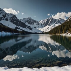A tranquil lake surrounded by snow-capped mountains, with perfect reflections in the crystal-clear water. by deepseek