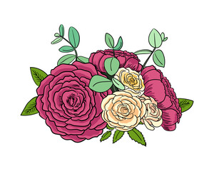 Vector illustration of the bouquet with roses and peonies.