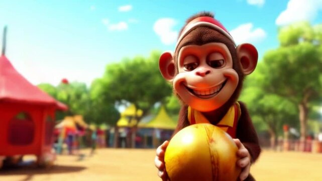 Cheerful Circus Monkey with a Golden Ball
