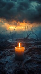 Resilience and hope represented by a small flickering candle amidst a stormy and destroyed landscape