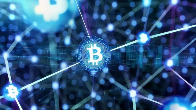 Futuristic digital network featuring Bitcoin symbol in vibrant colors and glowing connections.