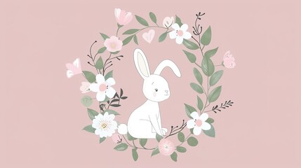 Charming Easter Bunnies in a Flower Wreath: Pink Background
