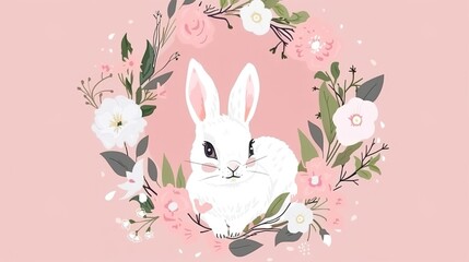 Charming Easter Bunnies in a Flower Wreath: Pink Background