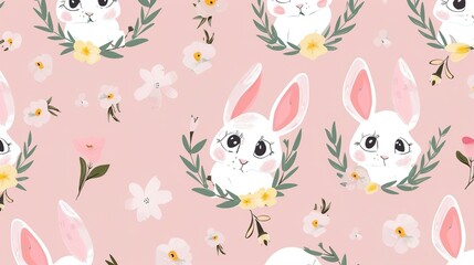 Charming Easter Bunnies in a Flower Wreath: Pink Background