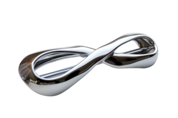 A sleek and modern metallic sculpture representing infinity on a clean white background
