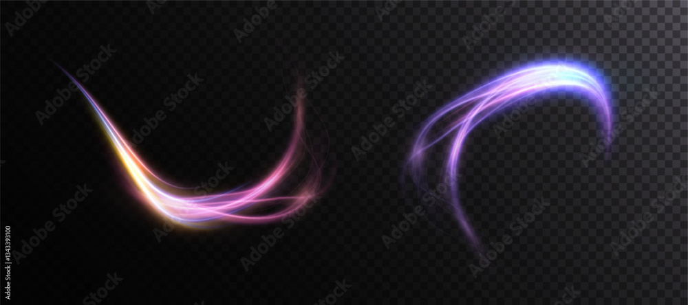 Poster shiny bright purple glowing curved line with magical light effect. glow effect for game interface de