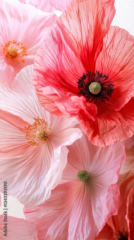 Poster soft petals in shades of pink and coral cluster together, revealing intricate textures and rich colo