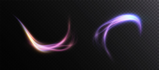 Shiny bright purple glowing curved line with magical light effect. Glow effect for game interface design on black background.	