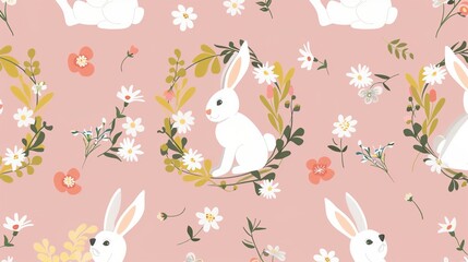 Charming Easter Bunnies in a Flower Wreath: Pink Background