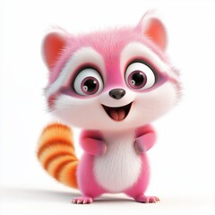 Fototapeta premium A cartoonish, chubby pink and white raccoon with large, expressive eyes, a surprised open mouth, and a striped, bright orange tail