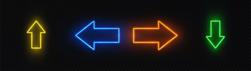 Set of neon glowing multi-colored arrows on a black background. Adobe Illustrator Artwork