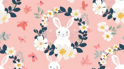 Charming Easter Bunnies in a Flower Wreath: Pink Background