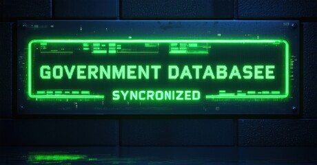 Fototapeta premium Neon government database synchronized sign glowing ominously in electric green on data terminal deep navy and muted silver symbolizing interconnected tracking