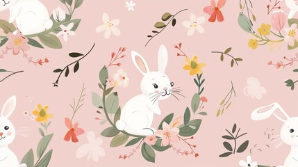 Charming Easter Bunnies in a Flower Wreath: Pink Background