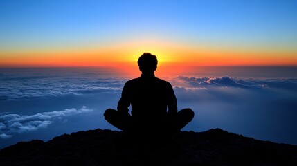 Serene Silhouette of a Person Meditating at Sunrise Over a Sea of Clouds in a Majestic Landscape