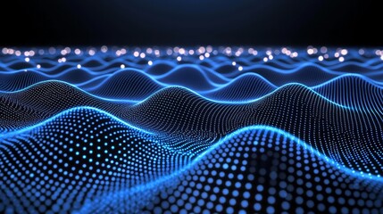 A mesmerizing digital landscape of blue waves formed by glowing dots, creating an abstract visualization of sound or data flow.
