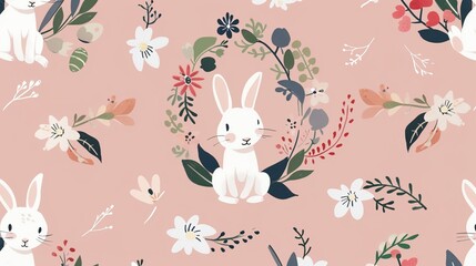 Charming Easter Bunnies in a Flower Wreath: Pink Background