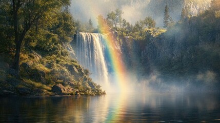 Fototapeta premium Majestic waterfall cascading into calm lake with vibrant rainbow.