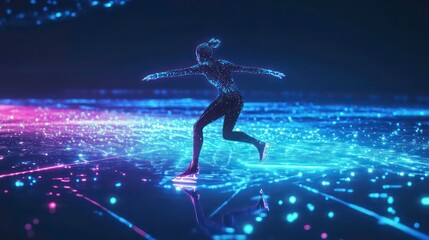 Obraz premium Futuristic figure skating on a glowing, digital ice rink.