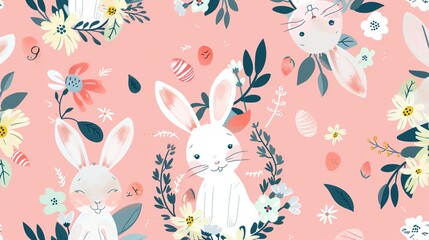 Charming Easter Bunnies in a Flower Wreath: Pink Background
