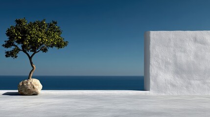 Coastal minimalist scene with a small tree