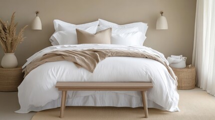 A serene bedroom design with white and beige layers of bedding, taupe walls, and a light wooden bench at the foot of the bed