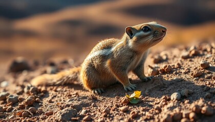 A small, furry rodent, alert and watchful, sits on arid earth, bathed in warm sunlight, its striped fur contrasting against the reddish-brown soil