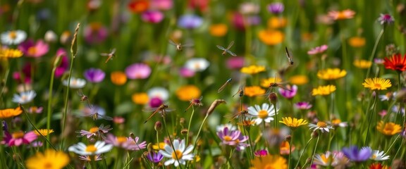 Obraz premium A vibrant meadow teeming with wildflowers and dragonflies in flight, a picturesque summer scene of nature's beauty and delicate insects