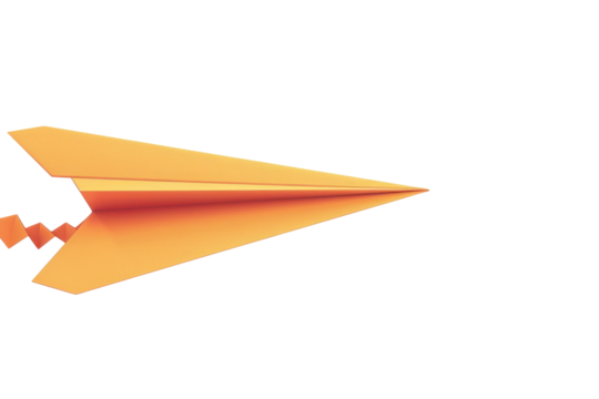 Creative orange paper airplane flying in a bright minimalist backdrop, symbolizing freedom
