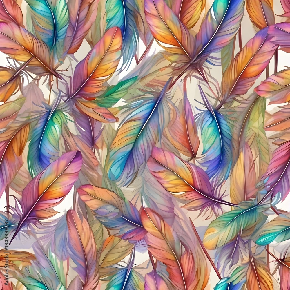 Wall mural a vibrant abstract pattern of stylized feathers rendered in a watercolor like style with a soft past