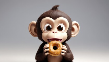 Fototapeta premium Adorable Brown Cartoon Monkey Eating a Donut