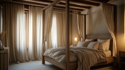 Fototapeta premium A serene bedroom with a wooden canopy bed, flowing beige curtains, and gentle lighting highlighting the calm and inviting decor