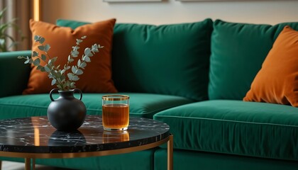 Modern Living Room Setup with Green Couch and Cozy Decor Elements