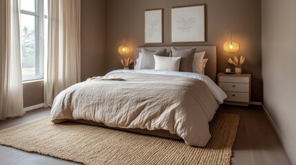 A serene bedroom with taupe walls, a beige duvet, and a light jute rug adding texture, complemented by warm bedside lighting